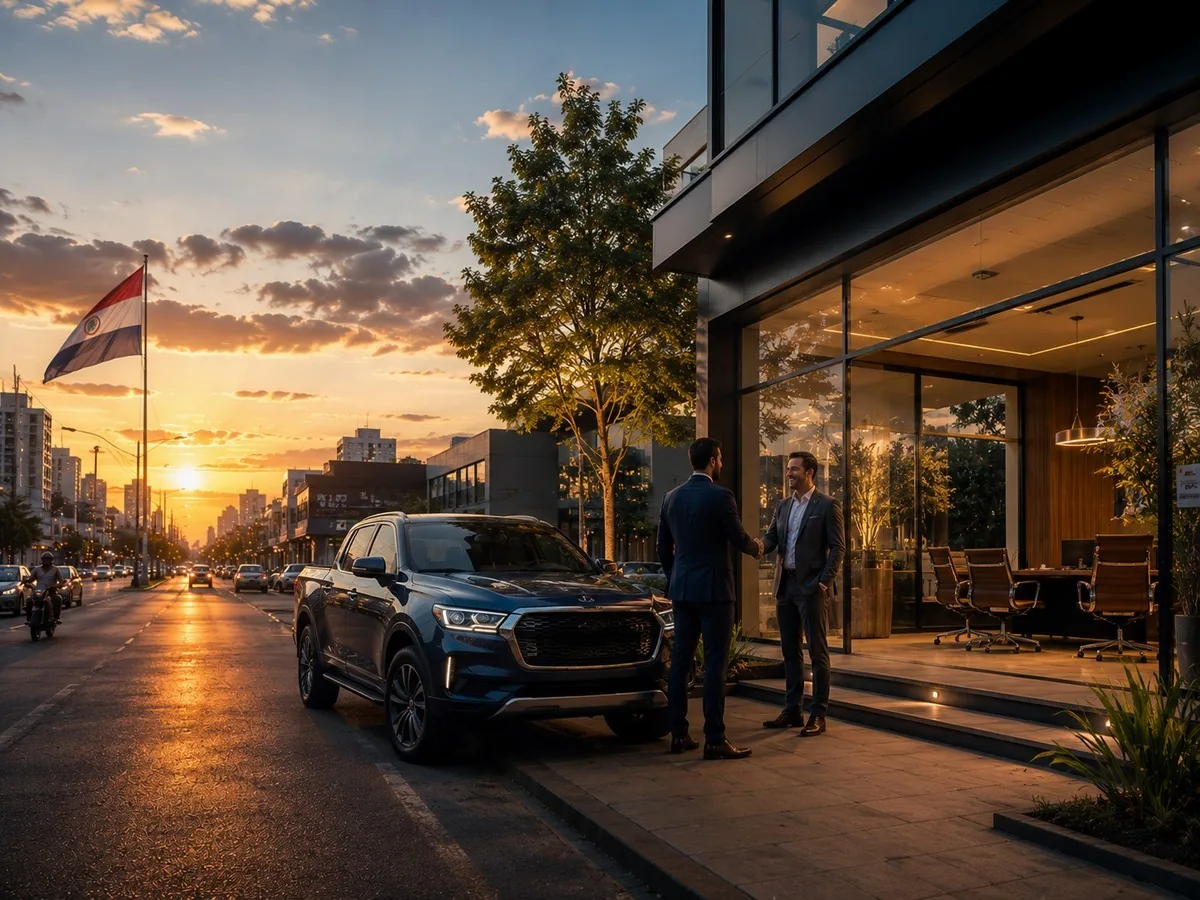 Cidades atendidas em Mato Grosso do Sul | Consórcios Ponta Porã SUV azul-escura em avenida ao pôr do sol, dois homens de terno se cumprimentando diante de um prédio envidraçado e bandeira do Paraguai ao fundo, representando o consórcio em Ponta Porã MS e nas cidades vizinhas