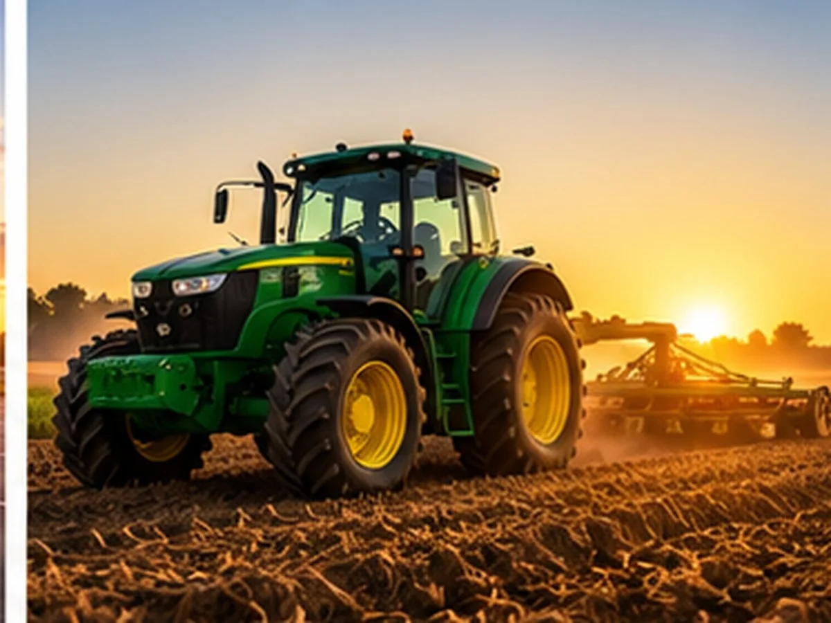 Consórcio Ademicon agro em Ponta Porã MS | Consórcios Ponta Porã Trator verde puxando grade sobre solo preparado ao nascer do sol, representando máquina agrícola comprada com consórcio